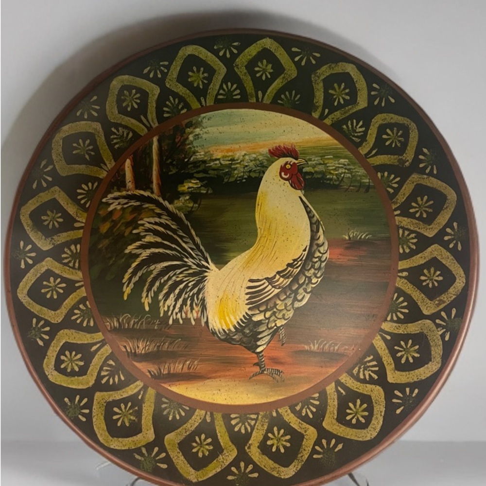 Decorative Rooster Plate with Green and Gold Accents